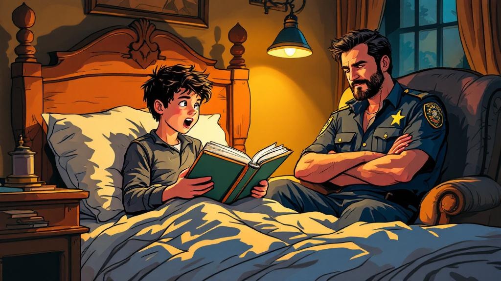 A young boy sitting up in bed reading a book about poo to his father, who sits listening in the armchair with a proud expression
