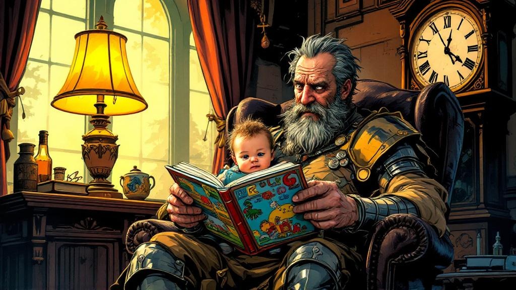 Sam Vimes sitting in an armchair reading a picture book to his infant son, city watch uniform still on, clock showing six o'clock