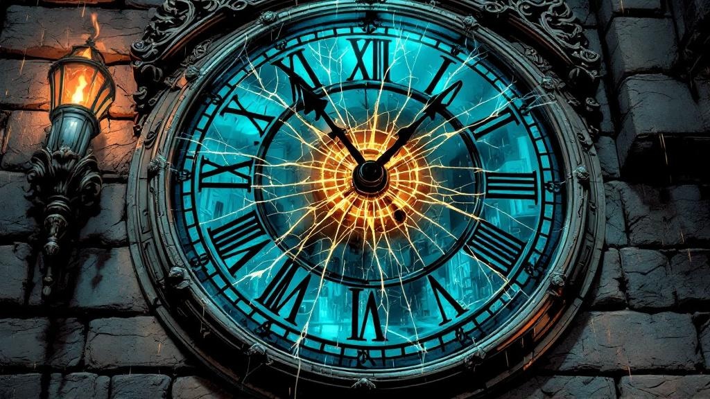 A dramatic clock face showing six o'clock with cracks spreading from the minute hand, city streets visible through the glass