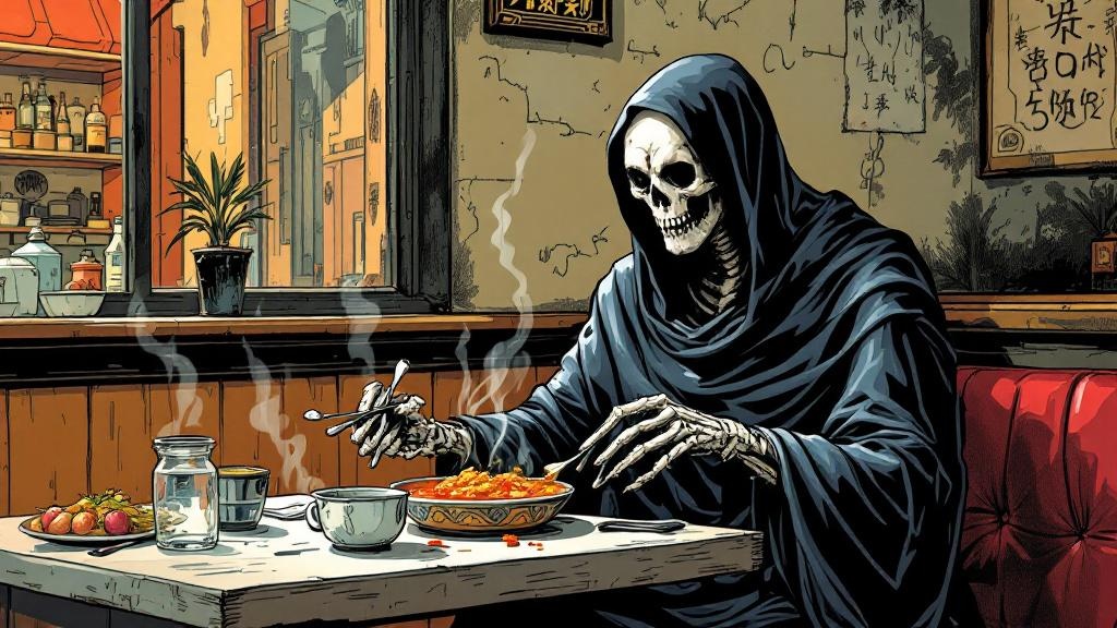 Death the skeletal figure sitting awkwardly at a curry house table attempting to eat