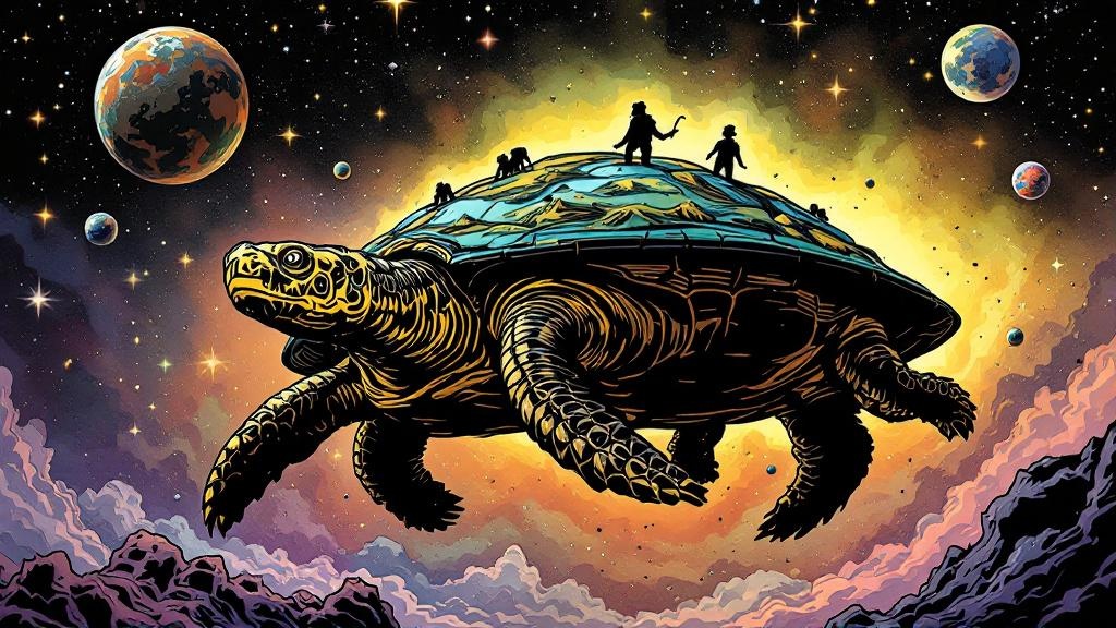 Great A'Tuin the cosmic turtle swimming through space carrying four elephants and the Discworld