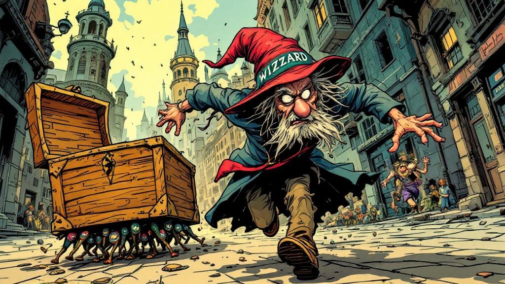 Rincewind fleeing in panic through a fantasy city with the Luggage chasing behind