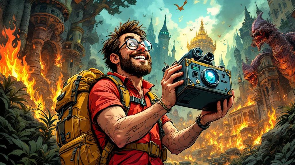 Twoflower excitedly taking pictures with his iconograph camera amid dangerous chaos