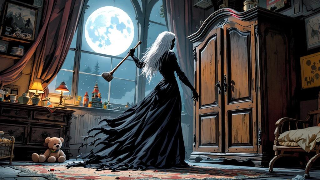 A tall pale woman with white hair and a black streak wielding a fireplace poker against a shadowy creature cowering in a nursery