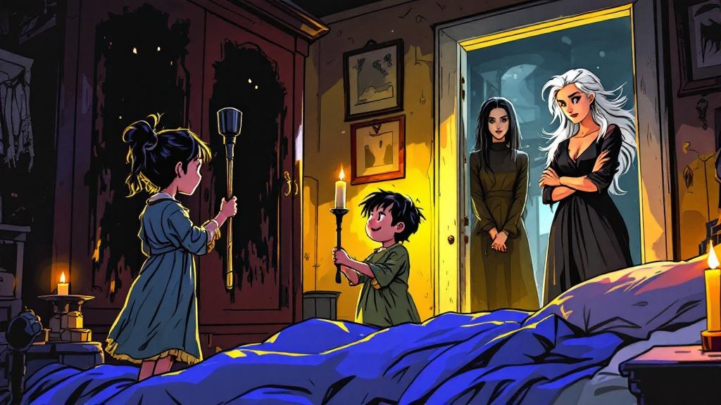 Two small children in nightclothes, one holding a fireplace poker defiantly toward a dark wardrobe while a tall pale figure watches approvingly from the doorway