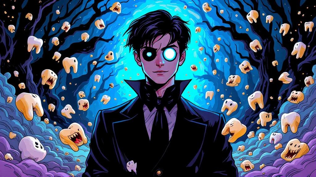 A young man in dark assassin's clothing with one normal eye and one unsettling glass eye that seems to stare through everything, standing in a realm of swirling teeth and childhood memories