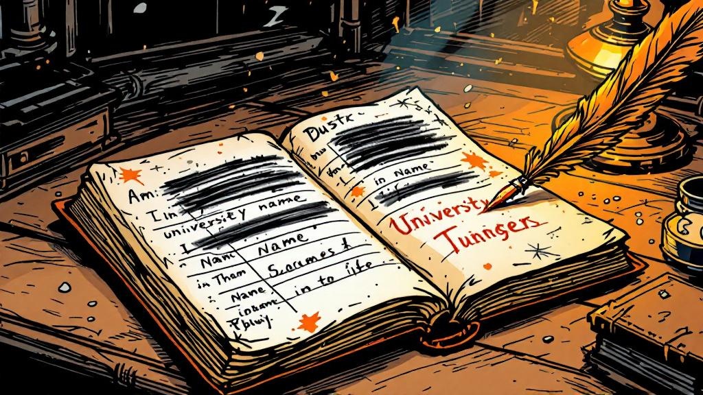 A dusty university ledger with a heavily crossed-out entry, ink stains and scratch marks obscuring where a name once was