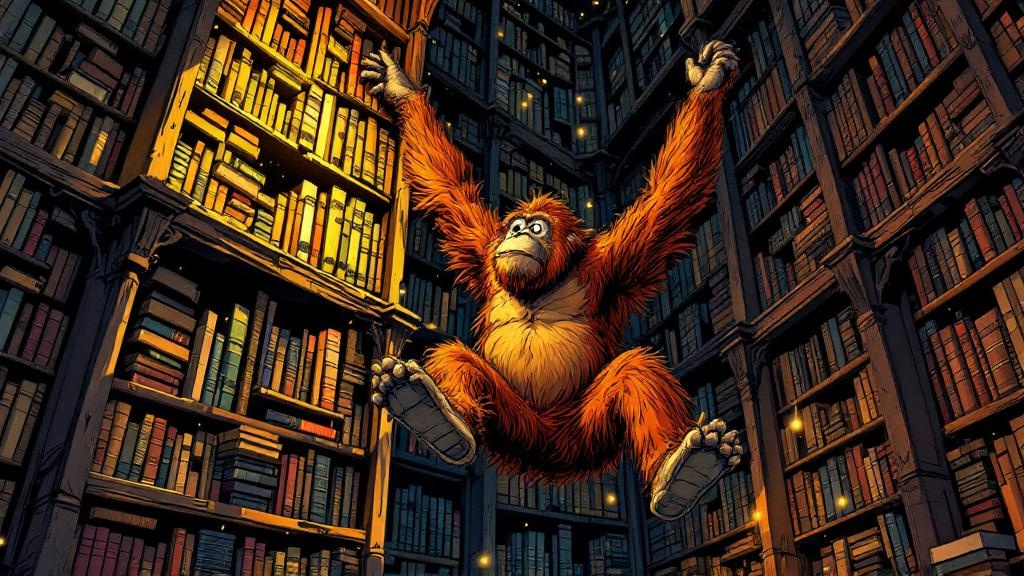 An orangutan librarian swinging gracefully between towering magical bookshelves, reaching for volumes with both hands and feet