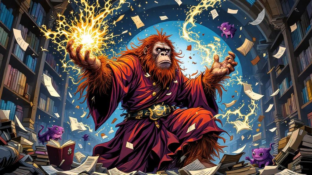 A wizard caught mid-transformation in a library, magical energy swirling as human features give way to orangutan form, expression shifting from panic to wonder