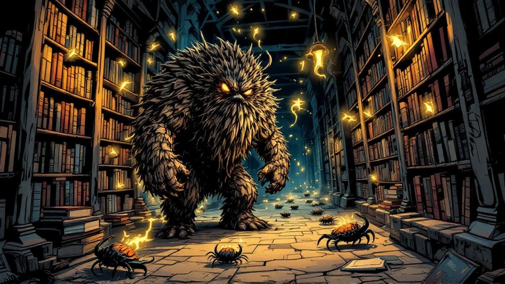 A dimly lit library corridor with strange creatures lurking between towering shelves—a massive lumbering thesaurus and small bright bookworms ricocheting between volumes