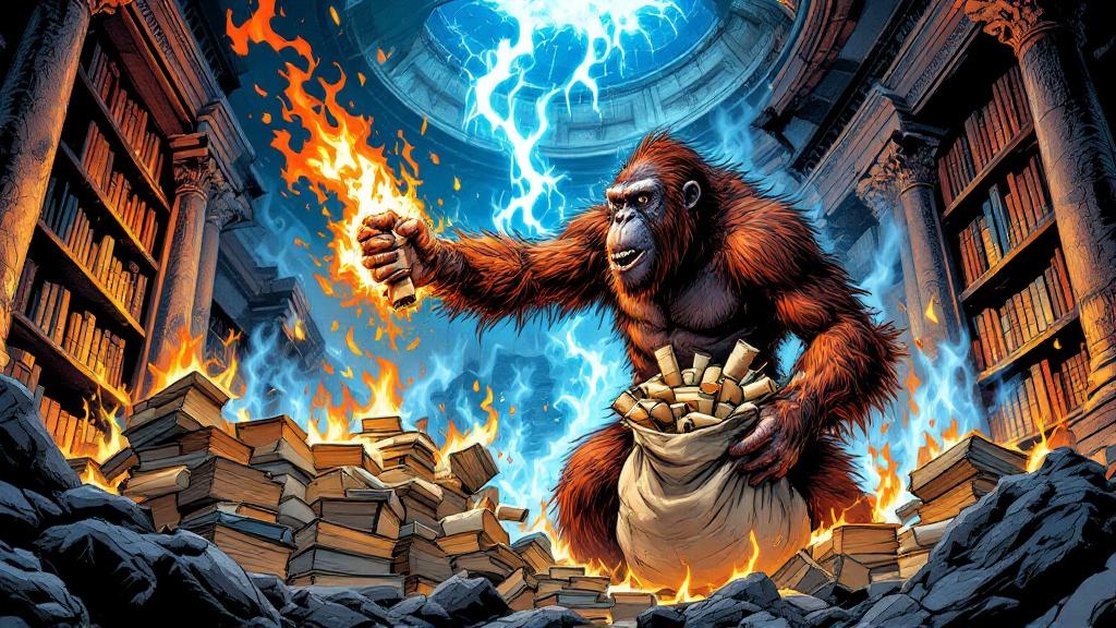 An ape-like figure snatching ancient scrolls from shelves in a library engulfed in blue-tinged flames, copper roof dripping onto burning books
