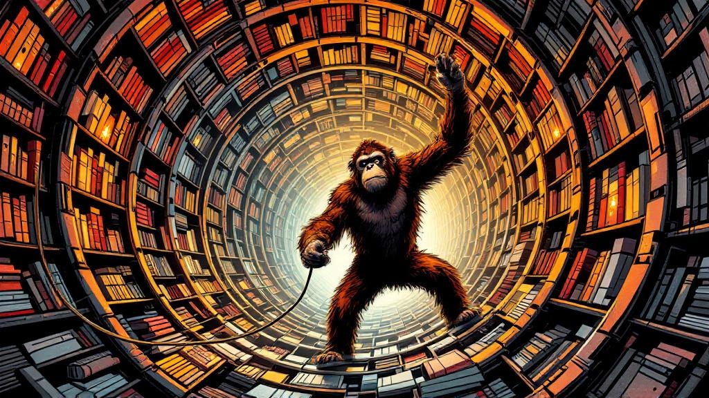 An orangutan librarian navigating through infinite bookshelves that curve and twist through impossible geometries, shelves stretching into multiple dimensions