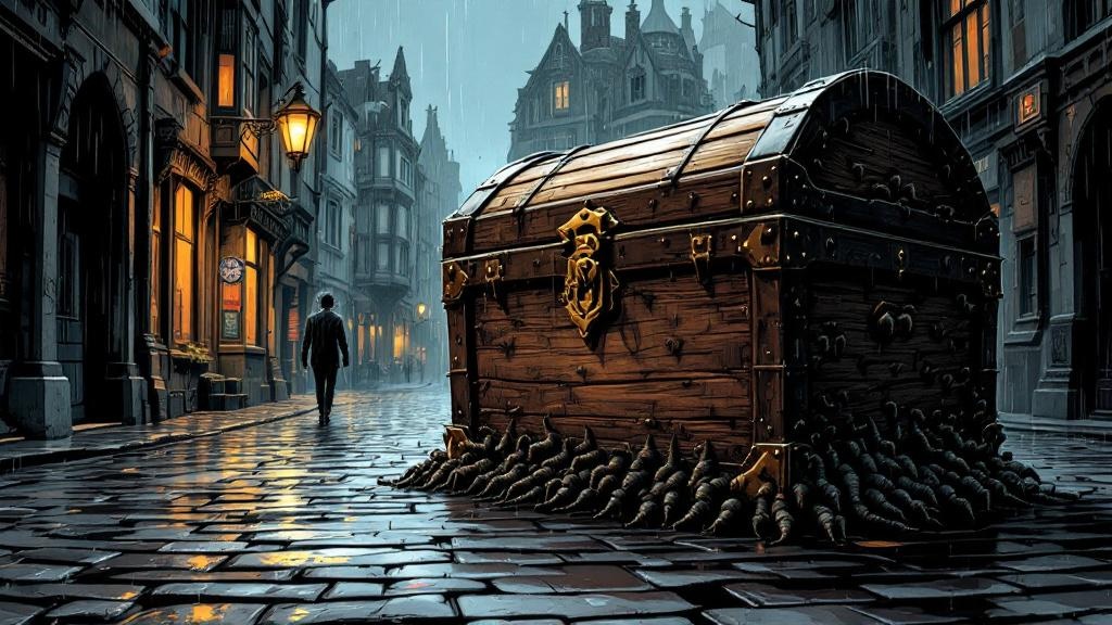 A wooden chest with hundreds of tiny legs sitting alone on cobblestones, its lid slightly ajar in an expression of unmistakable hurt, while its owner walks away