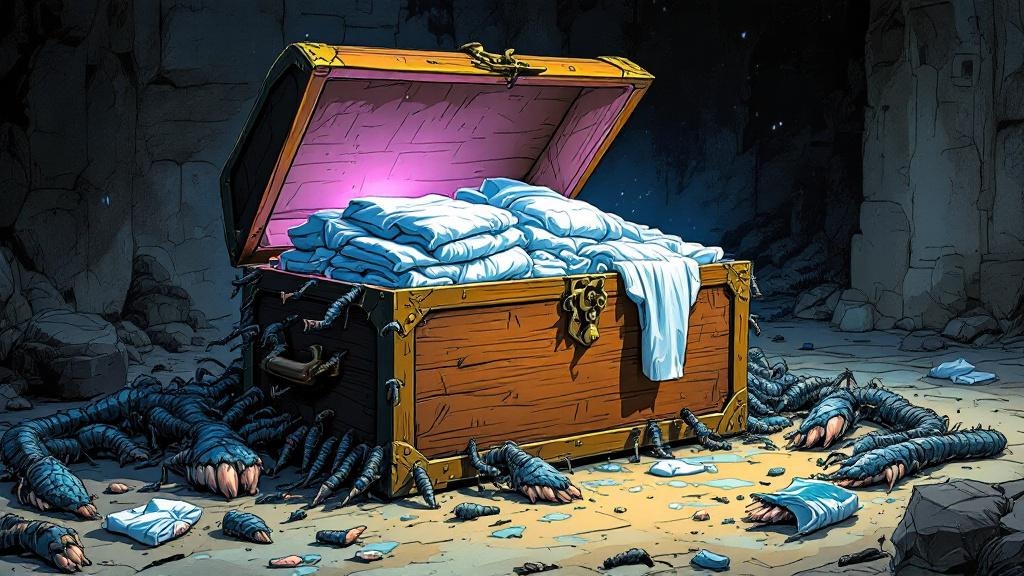 An open wooden chest revealing neatly folded clothes and clean white underwear, with a faint lavender glow, while the scattered remains of a monster lie nearby
