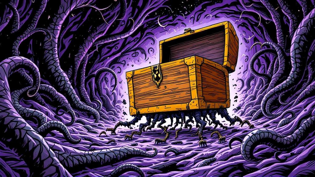 A wooden chest charging through a swirling void of eldritch tentacles and impossible geometry, its lid open in a snarl of wooden teeth