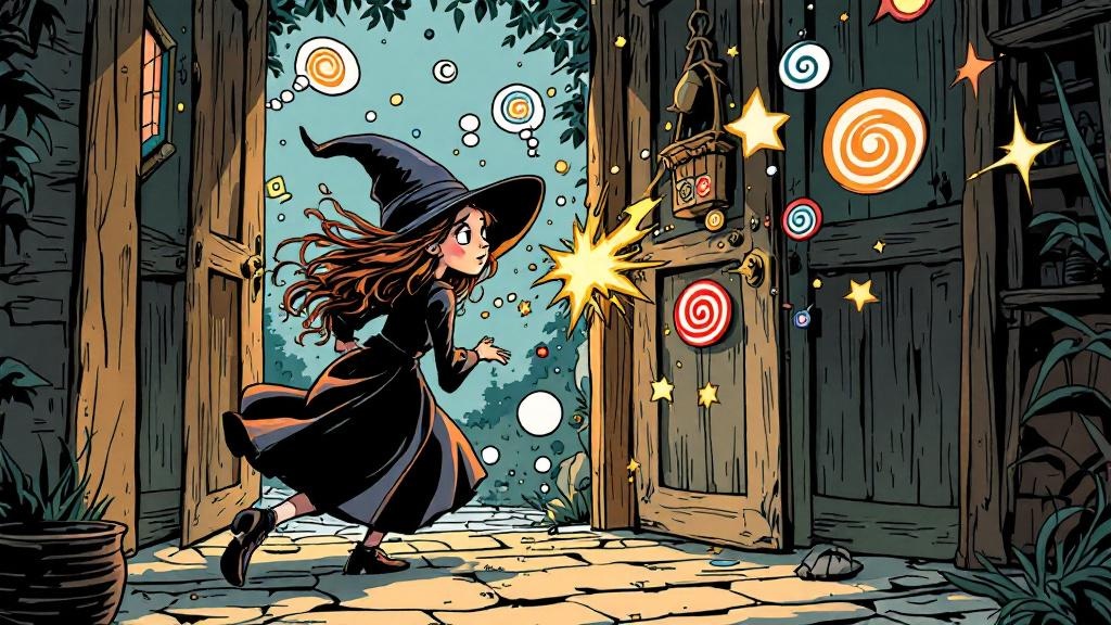 Tiffany walking face-first into a door frame with a thoughtful expression, stars and geometric shapes floating around her head