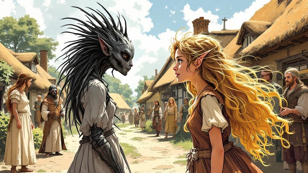 Tiffany Aching looking at a glamoured elf while villagers around her see a beautiful maiden