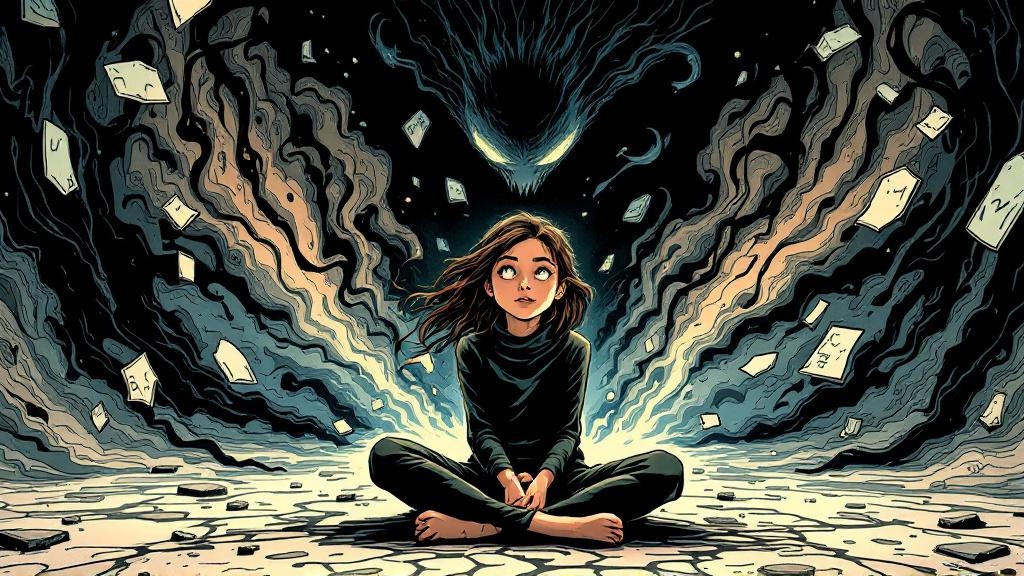 Tiffany Aching sitting calmly in a mental landscape while a dark, formless entity swirls around her unable to find purchase