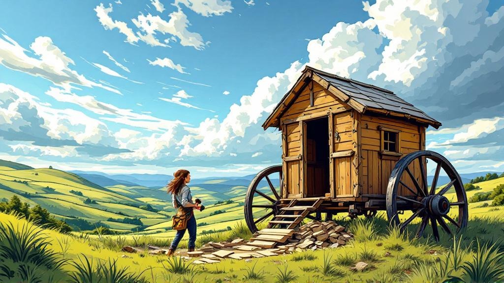 Tiffany Aching building a new shepherd's hut on old iron wheels, the Chalk hills stretching behind her under a wide sky
