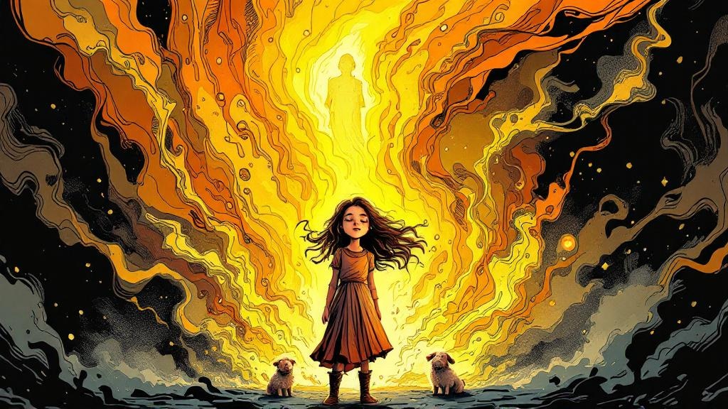 Tiffany surrounded by swirling golden mists of turpentine, wool, and pipe smoke that form the silhouette of an old woman with two dogs