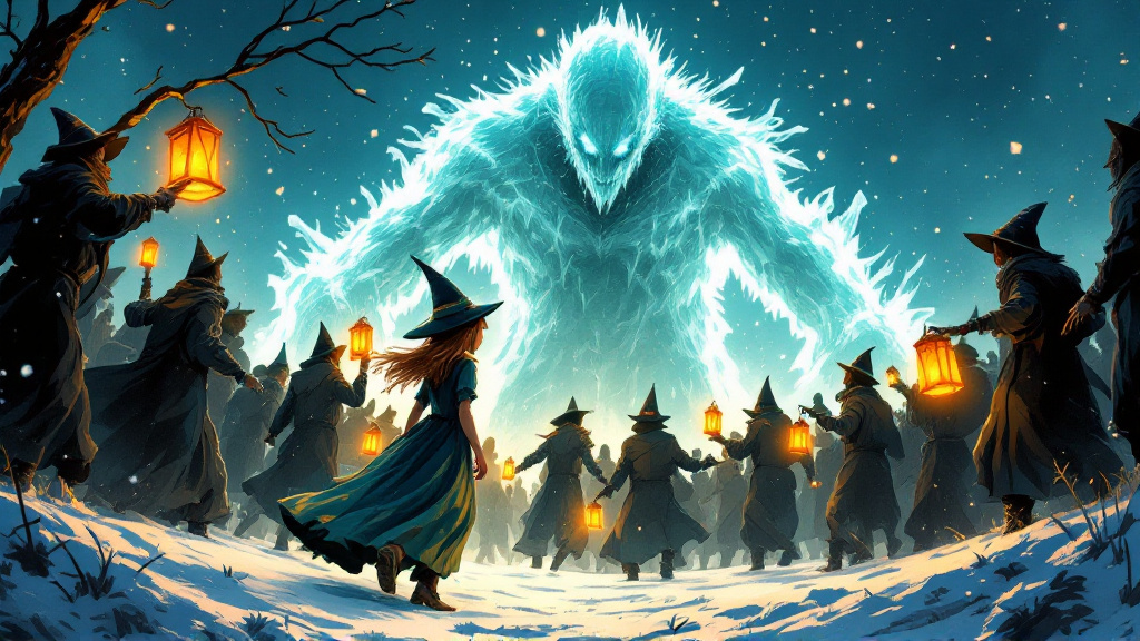 A young witch in a blue-green dress stepping into a circle of black-clad Morris dancers on a snowy night, a towering figure of ice watching from the darkness