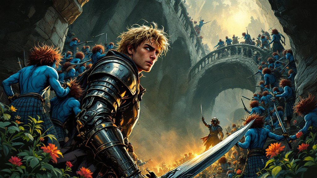 A lanky sandy-haired young man in ill-fitting armour descending a dark stone stairway into the Underworld, tiny blue kilted warriors clinging to his shoulders