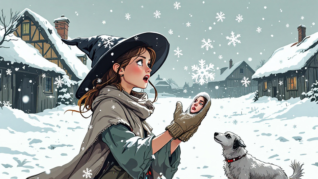 A young witch in a snowy farmyard staring at a snowflake on her mitten that carries her own face, more identical snowflakes falling all around her