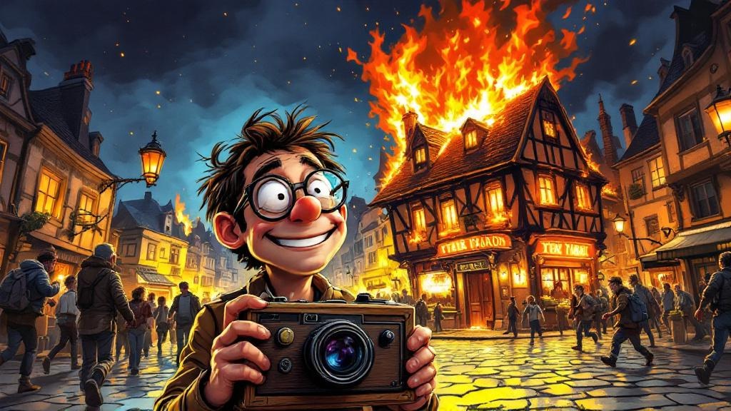 A cheerful tourist with glasses photographing a burning tavern while chaos erupts around him on a medieval city street