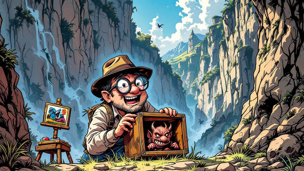 A small enthusiastic man with round glasses holding a wooden box camera while a tiny demon inside frantically paints, surrounded by dangerous-looking scenery he's completely ignoring