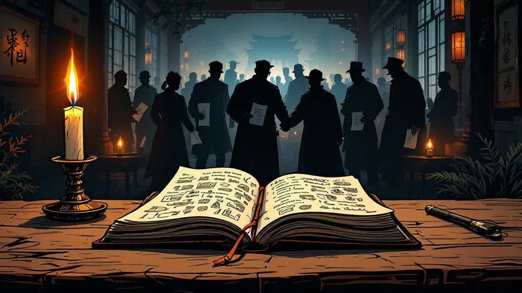 A simple handwritten travel diary lying open on a table, its pages covered in cheerful sketches and innocent descriptions, while in the background shadowy revolutionary figures pass copies between them