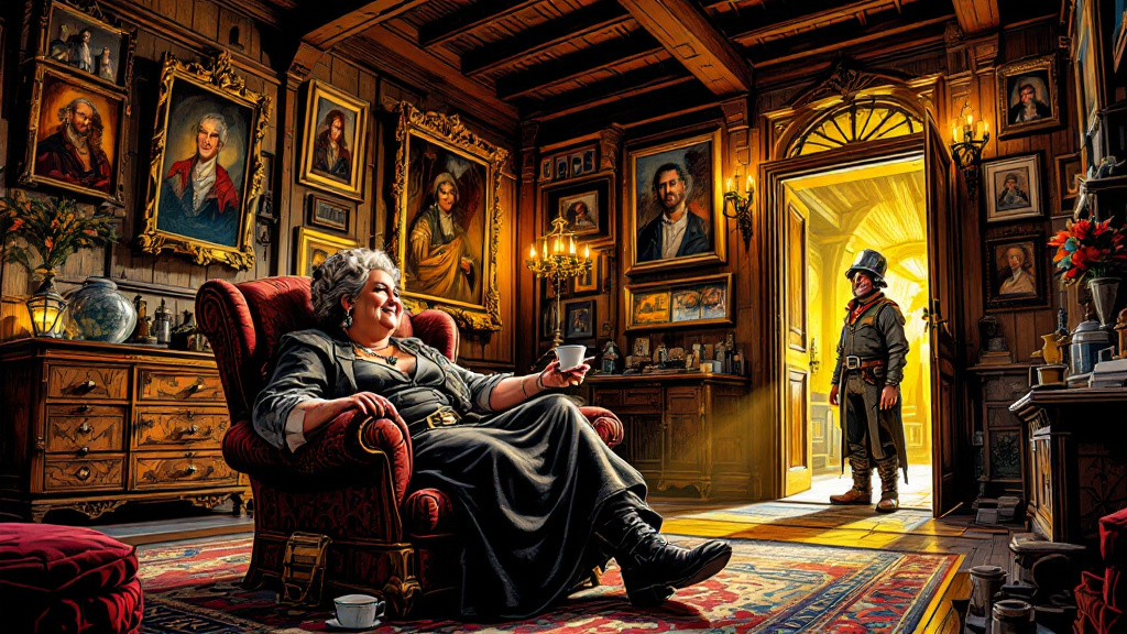 A noblewoman relaxing with a cup of tea in an old manor room full of antique furniture and ancestral portraits, while a watchman stands in the doorway
