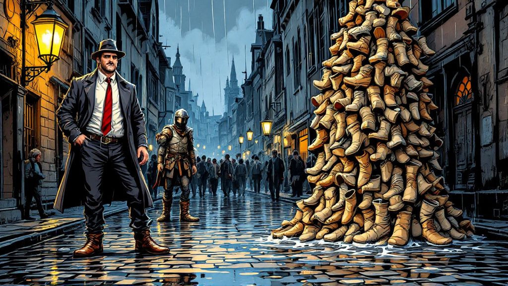 A prosperous man in one pair of sturdy leather boots on a rainy cobbled street, beside a towering heap of worn-out cheap boots, with a city watchman looking on