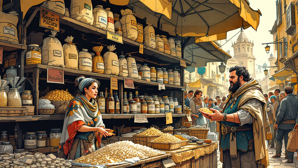 A woman at a crowded fantasy market stall stacked with sacks of grain and jars, offering a few coins to a bearded merchant