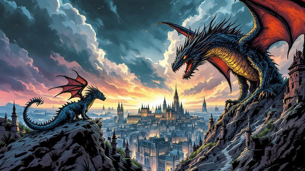 The small swamp dragon Errol facing off against the giant noble dragon above Ankh-Morpork