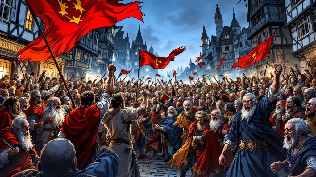 Crowds of Ankh-Morpork citizens waving flags and shouting, their faces twisted with nationalistic fury
