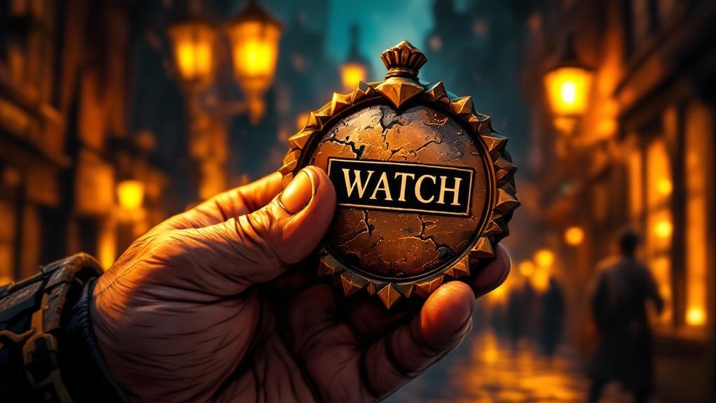 Vimes's worn Watch badge glinting in lamplight, dented and scratched but still polished