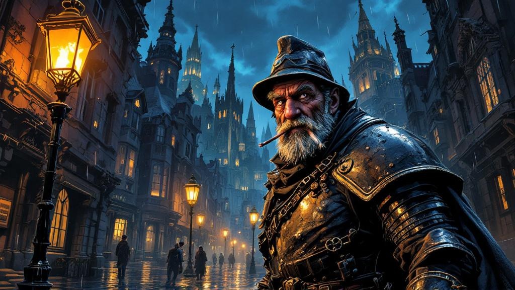Sam Vimes patrolling the rain-soaked streets of Ankh-Morpork at night, wearing his battered Watch armor