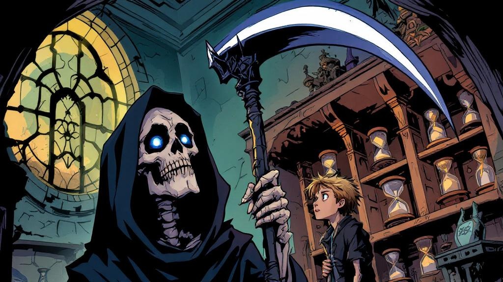 Death, a tall skeletal figure in black robes, meeting his nervous new apprentice Mort in a room full of hourglasses