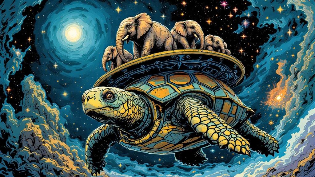 The Great A'Tuin, a cosmic turtle swimming through space carrying four elephants who support the flat Discworld on their backs