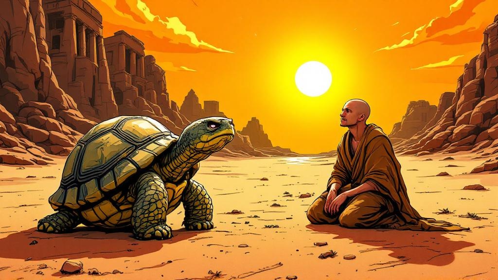 The god Om, reduced to a small tortoise, sits in the desert sand while his only believer Brutha kneels beside him