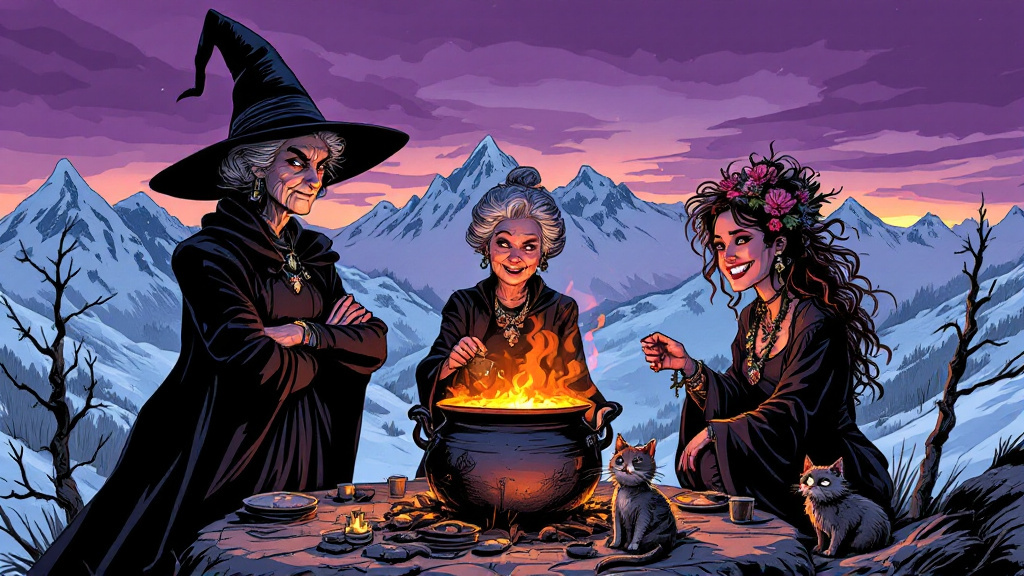 Granny Weatherwax, Nanny Ogg and Magrat Garlick gathered around a bubbling cauldron on a windswept Ramtops hilltop
