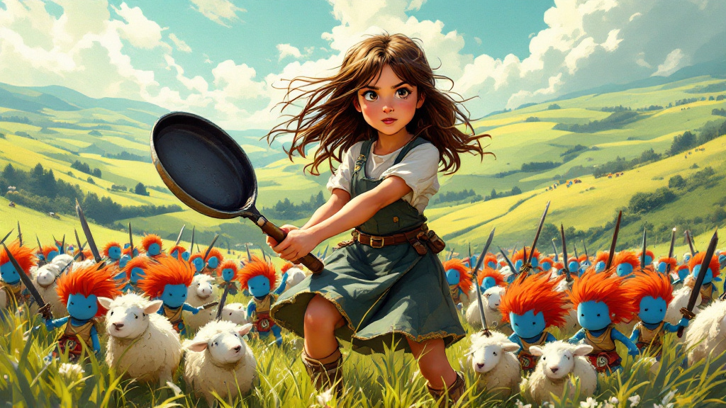 A young girl with a frying pan standing on rolling chalk hills, surrounded by tiny blue-skinned warriors with red hair and swords