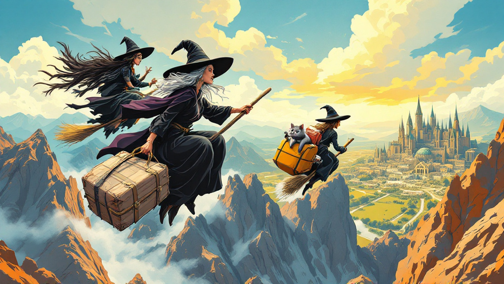 Granny Weatherwax, Nanny Ogg and Magrat flying on broomsticks over mountains toward a distant southern city